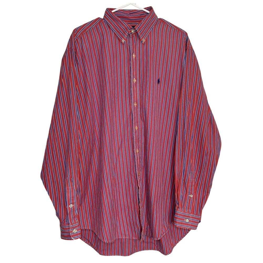 RALPH LAUREN Shirt Men’s Size XL Red Blue Striped Button Up LS Pony Logo Vintage
